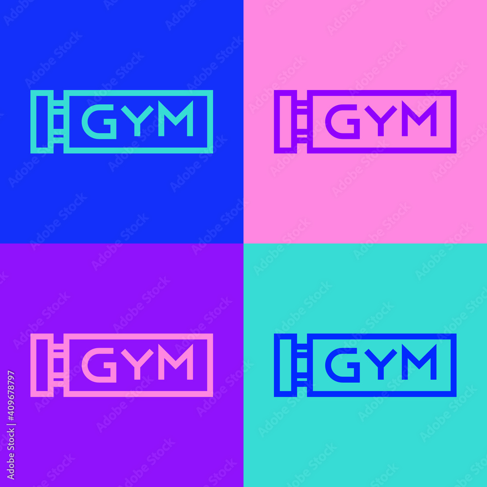 Pop art line Location gym icon isolated on color background. Vector.