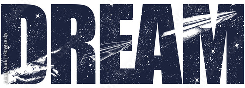 Dream slogan. Imagination art. Paper plane and night sky. Symbol of creativity, startup. Black and white surreal graphic