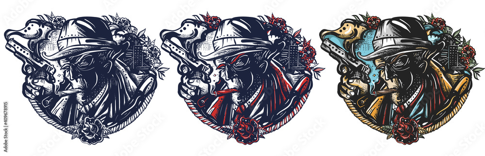 Noir detective. Portrait police inspector and night city. Old school tattoo  vector art. Hand drawn cartoon character set. Isolated on white.  Traditional tattooing style Stock Vector | Adobe Stock