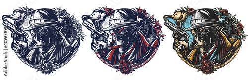 Noir detective. Portrait police inspector and night city. Old school tattoo vector art. Hand drawn cartoon character set. Isolated on white. Traditional tattooing style