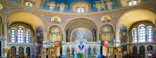Interior of Russian orthodox church. Panoramic view