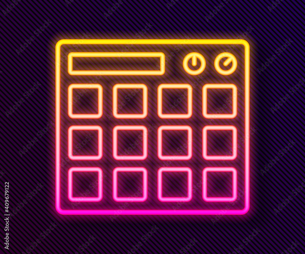 Glowing neon line Drum machine music producer equipment icon isolated on black background. Vector.