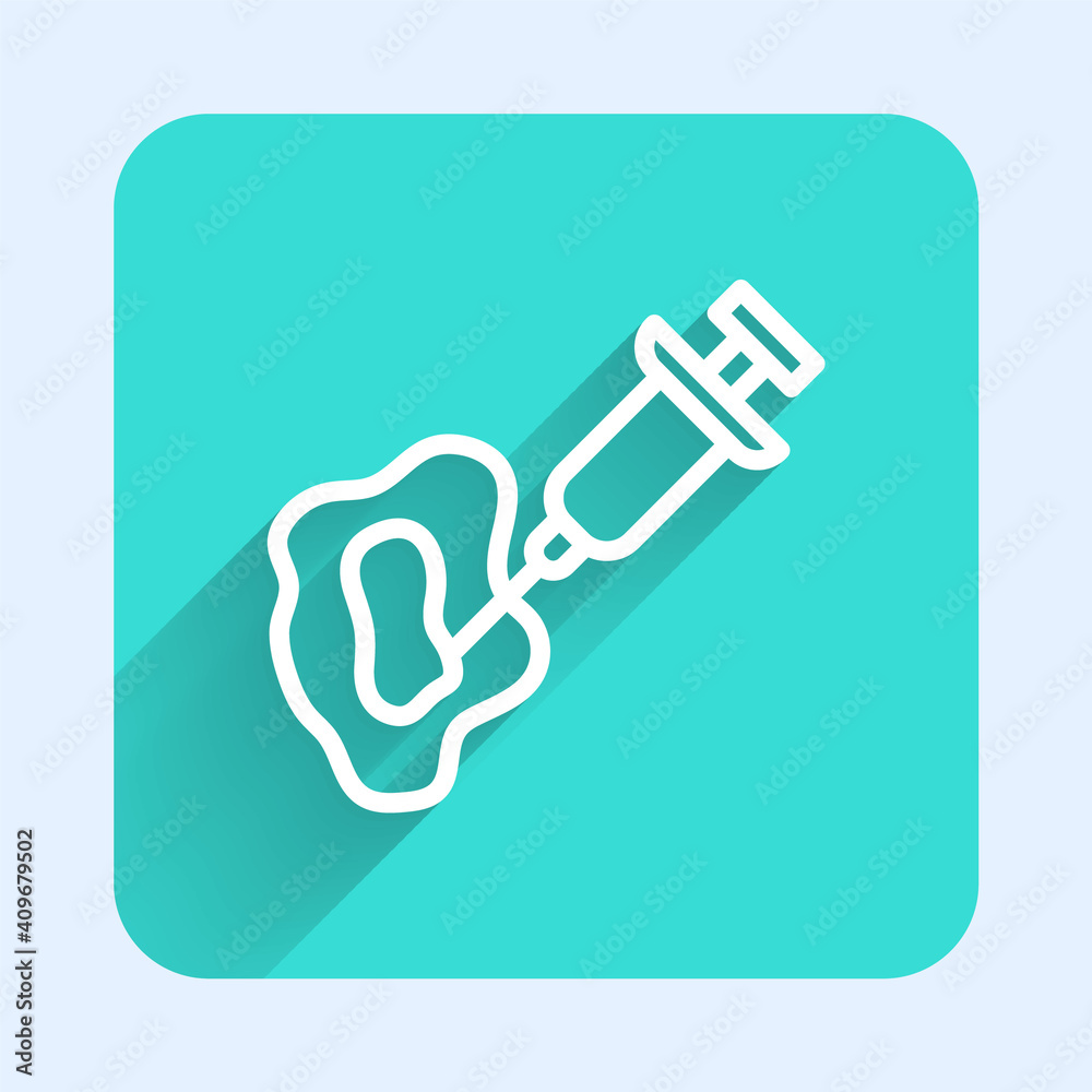 White line GMO syringe icon isolated with long shadow. Genetically modified organism acronym. Dna food modification. Green square button. Vector. White line GMO syringe icon isolated with long shadow. Genetically modified organism acronym. Dna food modification. Green square button. Vector.