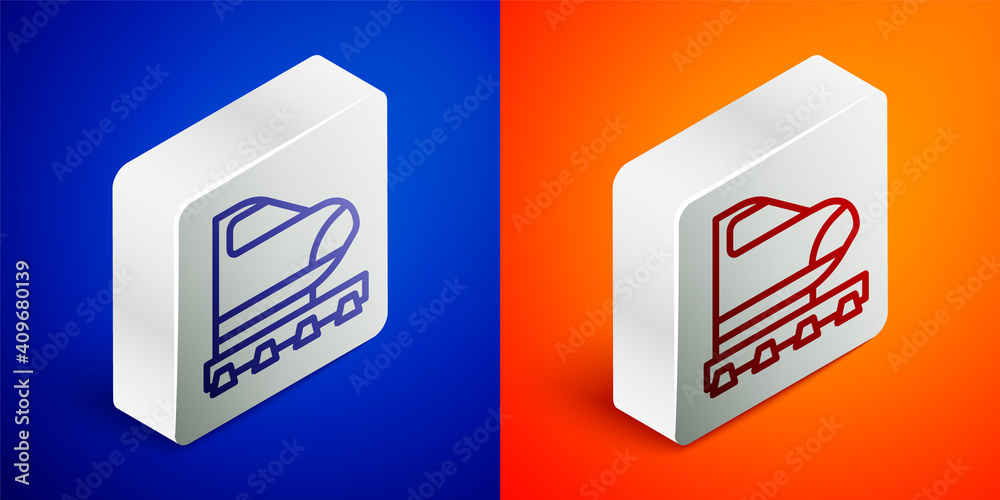 Isometric line High-speed train icon isolated on blue and orange background. Railroad travel and railway tourism. Subway or metro streamlined fast train transport. Silver square button. Vector. Isometric line High-speed train icon isolated on blue and orange background. Railroad travel and railway tourism. Subway or metro streamlined fast train transport. Silver square button. Vector.