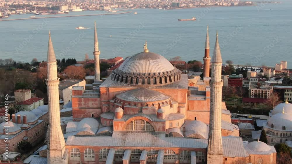 Drone Shots Of Istanbul Hagia Sophia Museum at Sunrise. Hagia Sophia mosque    