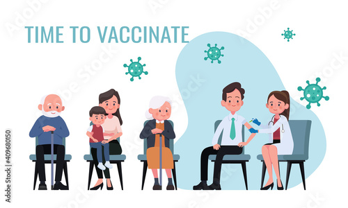 Doctor makes an injection of flu vaccine to men in hospital. Patients are waiting in line. Healthcare, coronavirus, Covid-19, prevention and immunize.