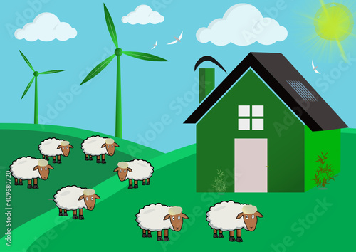 Une maison verte fonctionnant dans un univers écologique à énergie propre et renouvelable