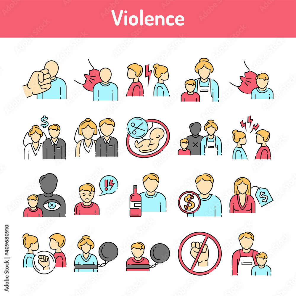 Violence color line icons set. Harassment, family abuse and bullying. Violence color line icons set. Harassment, family abuse and bullying.