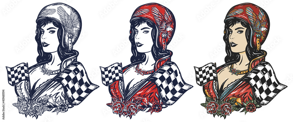 Biker girl. Pin up moto sport woman. Lifestyle of racers. Old school tattoo vector art. Hand drawn cartoon character set. Isolated on white. Traditional tattooing style