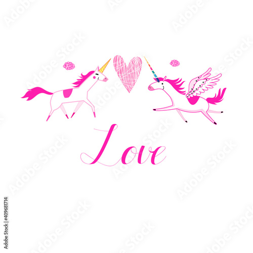 Love unicorns on a white background with a heart