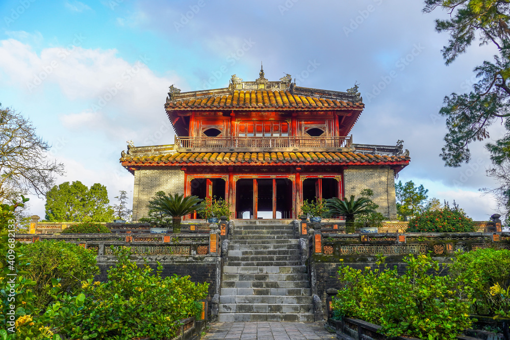 Imperial Minh Mang Tomb in Hue city, Vietnam. A UNESCO World Heritage Site. Beautiful day with blue sky. Imperial Minh Mang Tomb in Hue city, Vietnam. A UNESCO World Heritage Site. Beautiful day with blue sky.