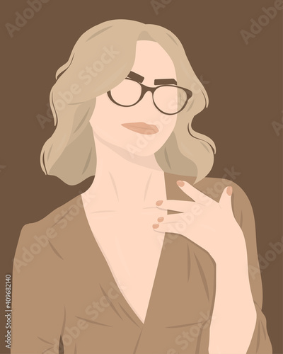 Portrait of a young beautiful lady with short wavy hair in glasses wearing light dress, flat illustration
