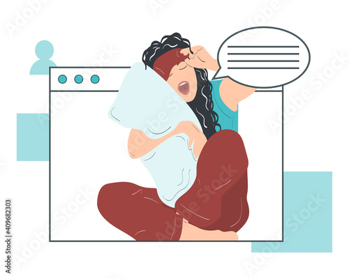Portrait of a tired young woman wearing sleeping mask and pajamas hugging pillow