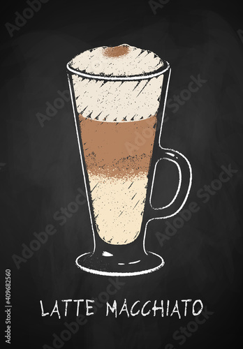 Latte Macchiato coffee cup on black chalkboard