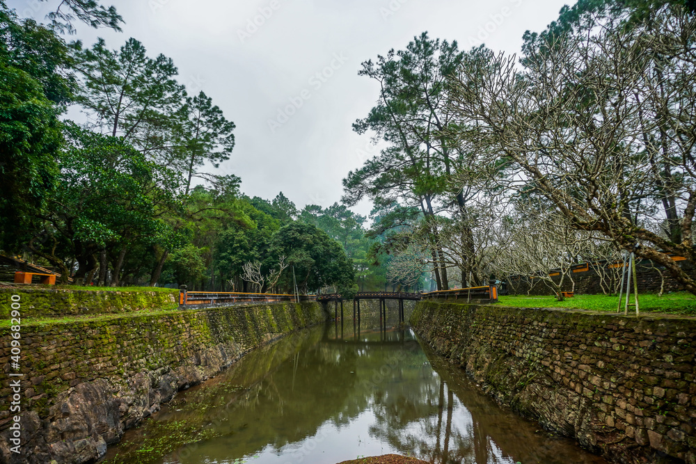 Fototapeta premium Ancient Tu Duc royal tomb and Gardens Of Tu Duc Emperor near Hue, Vietnam. A Unesco World Heritage Site