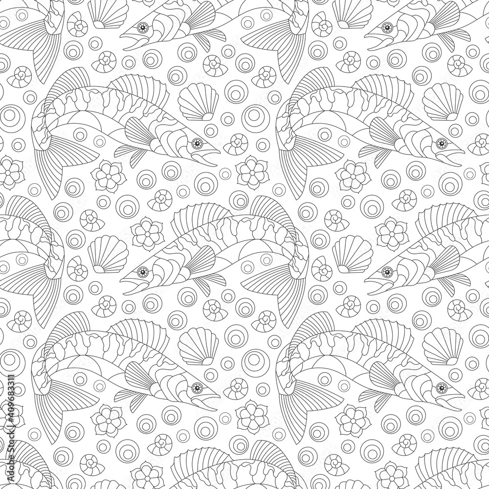 Seamless pattern with contour abstract fishes and shells, dark outlines on a white background Seamless pattern with contour abstract fishes and shells, dark outlines on a white background