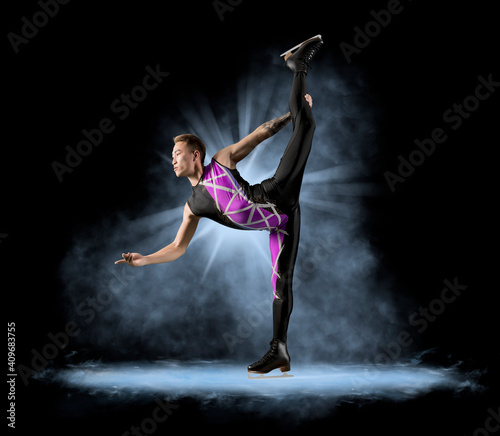 Biellmann spin. Man figure skating in action. Sports banner photo