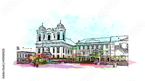 Building view with landmark of Timisoara is the city in Romania. watercolour splash with hand drawn sketch illustration in vector.