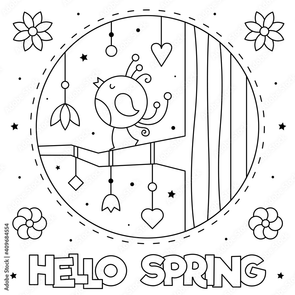 Hello Spring Coloring Page Black And White Vector Illustration Stock hello-spring-coloring-page-black-and-white-vector-illustration-stock