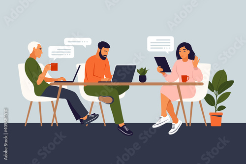 Business people working together. Coworking space with creative or business people sitting at the table. Flat modern vector illustration.
