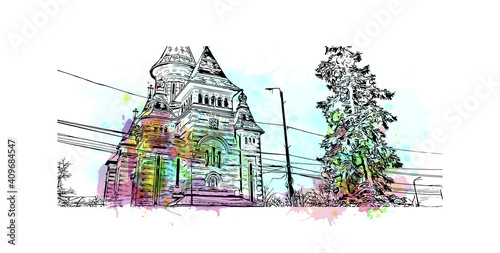 Building view with landmark of Timisoara is the city in Romania. watercolour splash with hand drawn sketch illustration in vector.