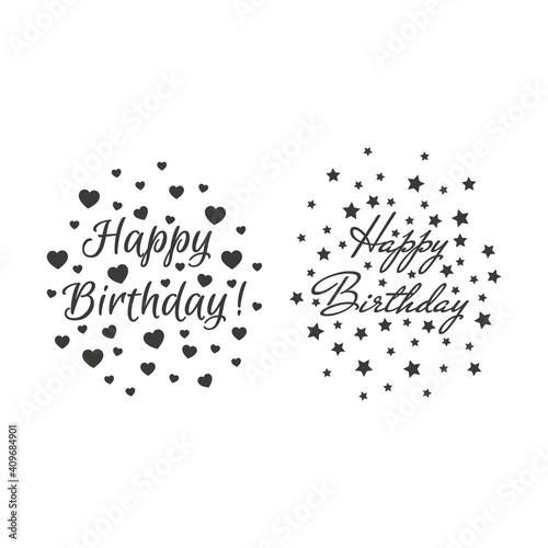 Happy birthday lettering with stars and hearts. Birthday card design with text, Mr De Haviland and Euphoria Script fonts. photo