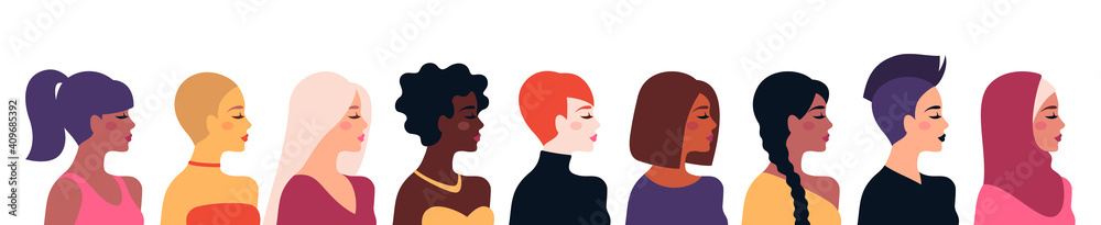 Female diverse faces, different ethnicity and hairstyle. Vector illustration, banner or poster. Woman empowerment movement. Happy International Women's day. Indian, african girls, muslim in hijab - obrazy, fototapety, plakaty 
