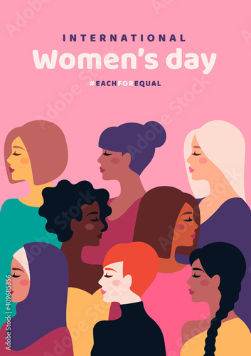 Happy International Women's Day. Vector illustration. Woman different cultures. Freedom, independence, equality struggle poster template design. Girl nationalities, faces profile various hair