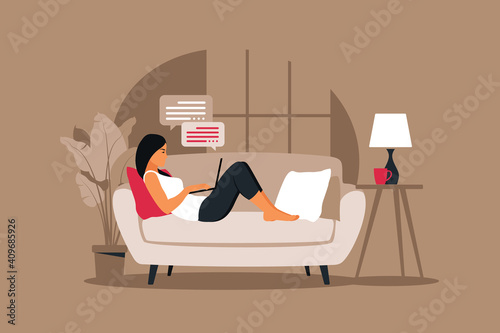 Home office concept, woman working from home lying down on a sofa, student or freelancer. Vector illustration in flat style