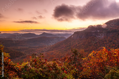 Whiteside Mountain in autumn at dawn in North Carolina