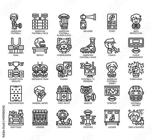 Set of American football Element thin line and pixel perfect icons for any web and app project.