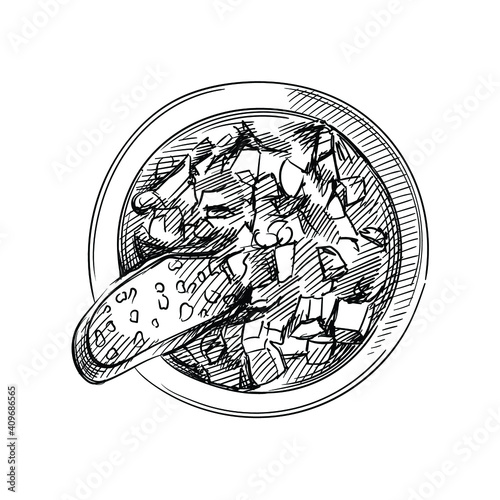 Hand drawn sketch of Ribollita on a white background. Tuscan bread soup. Italian cuisine, Italian food. Food and meal. 