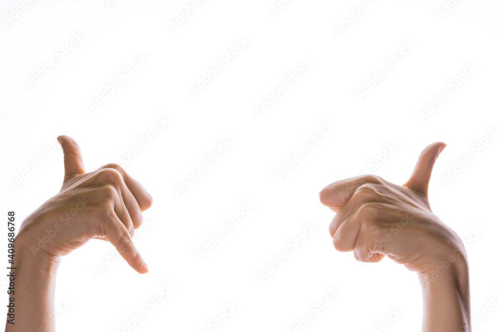 Hand gestures. shaka sign and thumbs up, like cool, youth gestures with two hands, isolated on white Hand gestures. shaka sign and thumbs up, like cool, youth gestures with two hands, isolated on white