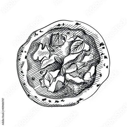 Hand drawn sketch of Neapolitan pizza. Naples-style pizza. pizza made with tomatoes and mozzarella cheese. Italian cuisine, Italian food. Food and meal.