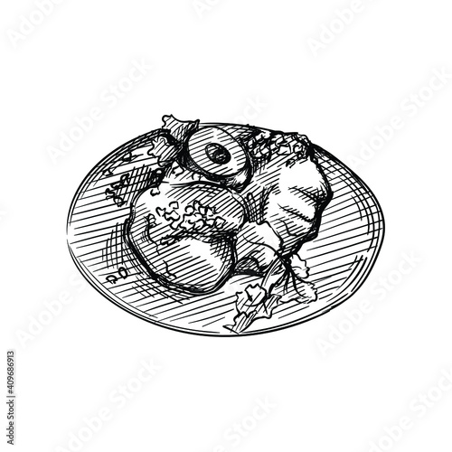 Hand drawn sketch of Veal Chops Milanese with Lemon and Herbs on a white background. Italian cuisine, Italian food. Food and meal. 