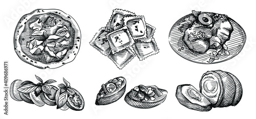 Hand drawn sketch set of Italian cuisine. Bruschetta with Tomato and Basil, Veal Chops Milanese, Ravioli,  Caprese Salad with Balsamic Glaze, Porchetta Pork Roast, Neapolitan pizza