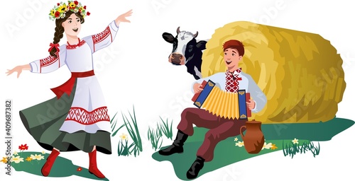 A girl and a guy in Russian national costumes. The villagers and the cow. Vector illustration 