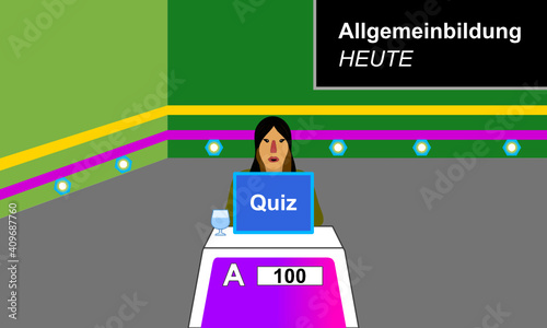 Eine Quizteilnehmerin hinter ihrem Spielpult in einem Raum mit grünen Wänden und einer großen schwarzen Anzeigentafel mit den Worten Allgemeinbildung heute