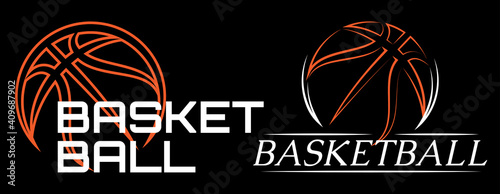 Sports template with basketball ball and lettering. Colored vector illustration. Black background. Elements for design of the brand team, business cards, site