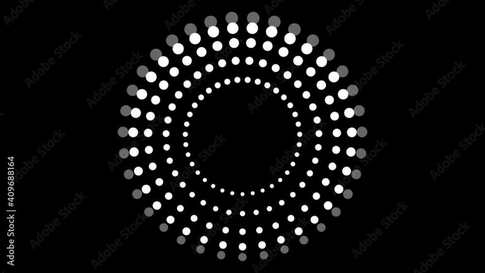 Video 4k motion graphic dotted round on black, Abstract Halftone Moving Background, Dots on white background, graphic dot white on circle