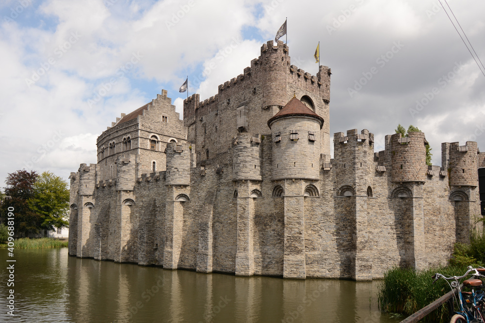Castle Gravensteen, Gand (Gent), Belgium. View of the castle and the wall overlooking the canal.