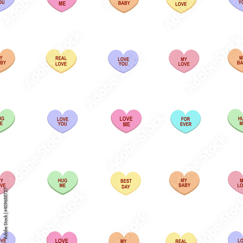 Colorful sweet heart candy. Sweetheart candies. Conversation sweets for valentines day, valentine sugar food hearts seamless pattern for textile design