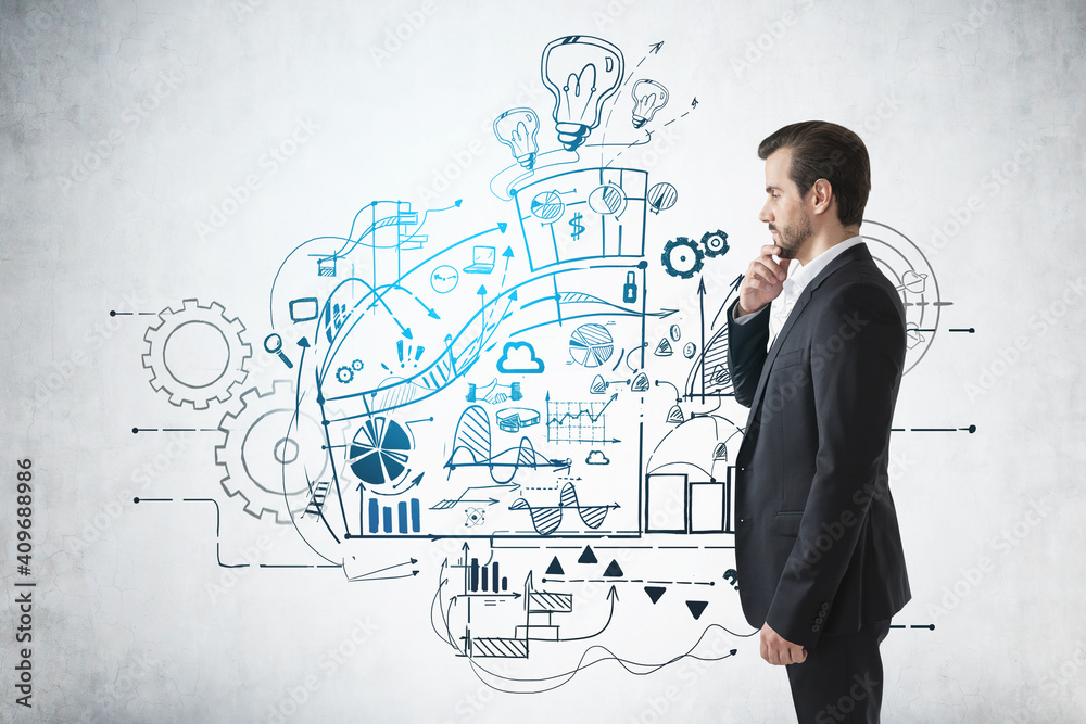 Pensive man and business sketch Pensive man and business sketch