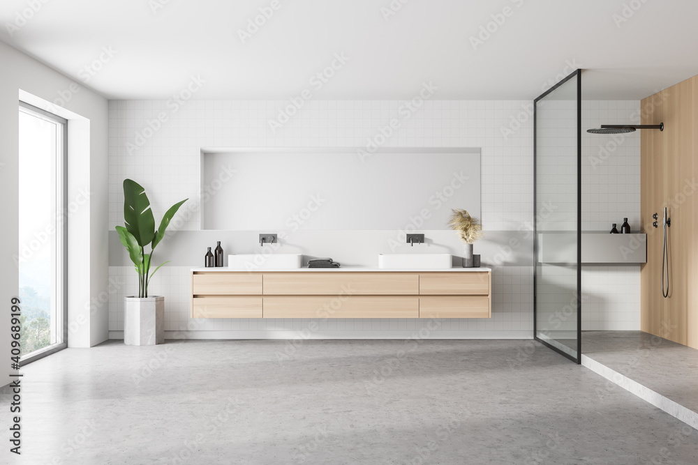 Fototapeta premium Interior of stylish bathroom with wooden walls, concrete floor, comfortable double sink with horizontal mirror and shower stall. 3d rendering