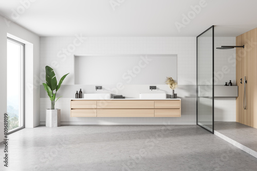 Interior of stylish bathroom with wooden walls  concrete floor  comfortable double sink with horizontal mirror and shower stall. 3d rendering