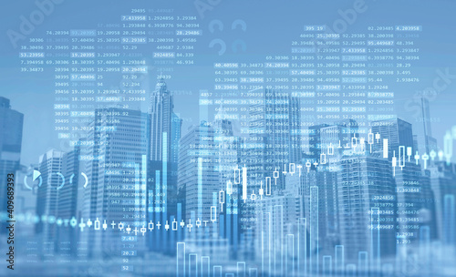 Financial chart over panoramic New York city view. The concept of international consulting at NYC. Double Exposure.