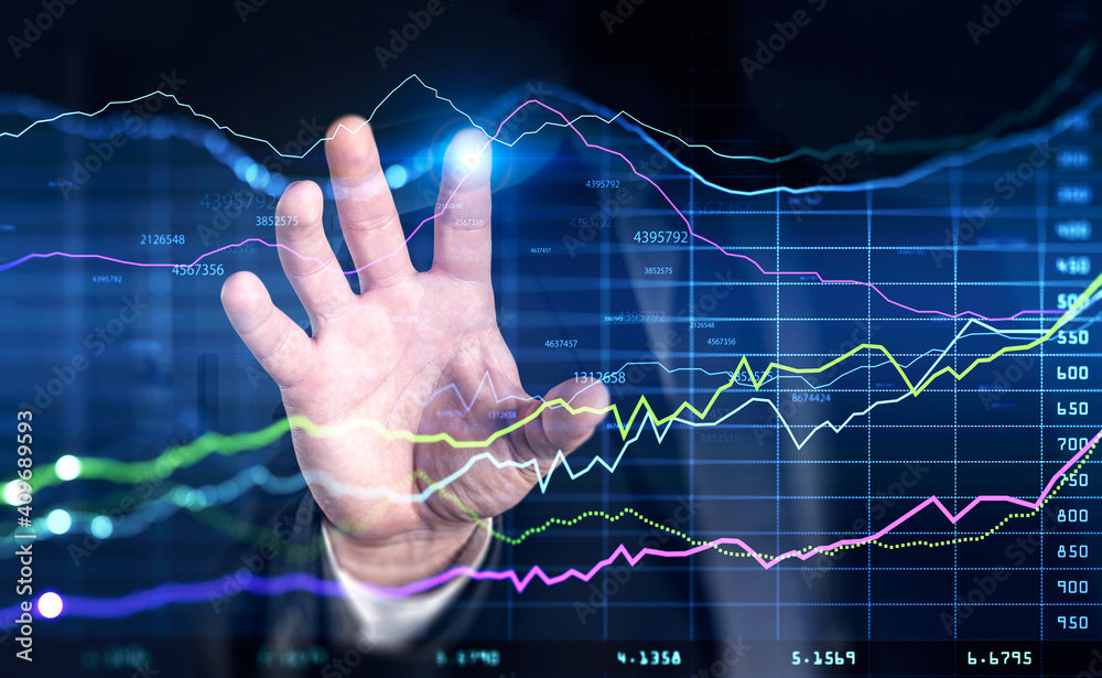 Trader working with financial interface in office Trader working with financial interface in office