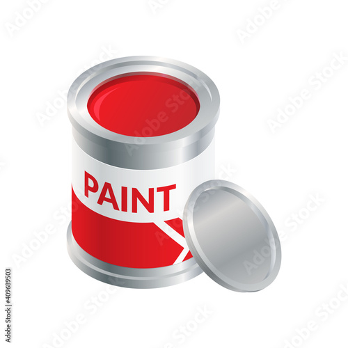 Isometric vector illustration open red paint bucket isolated on white background. Realistic open paint can icon in flat cartoon style. Tin bucket with red paint for renovation. Construction material.