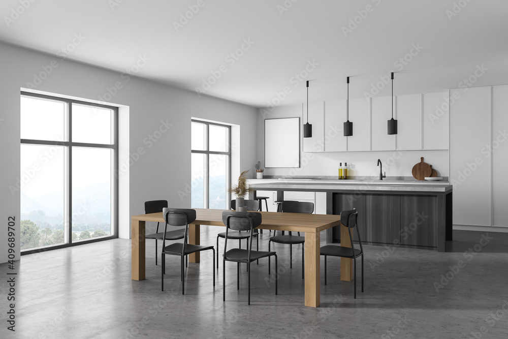Modern kitchen interior with white gray walls, a concrete floor and gray countertops. A long table with chairs near it. mock up poster on wall. 3d rendering