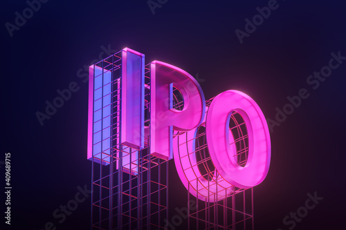 The road billboard with the IPO word text sign to symbolize new company on stock market start up. 3d rendering illustration.